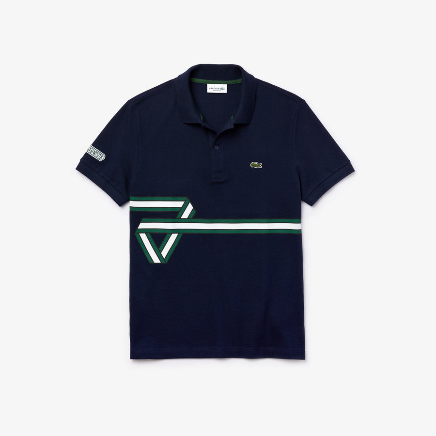 Men's Geometric Stripe Print Polo Shirt--Navy Blue