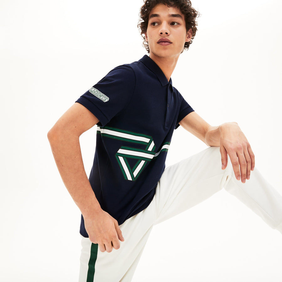 Men's Geometric Stripe Print Polo Shirt--Navy Blue