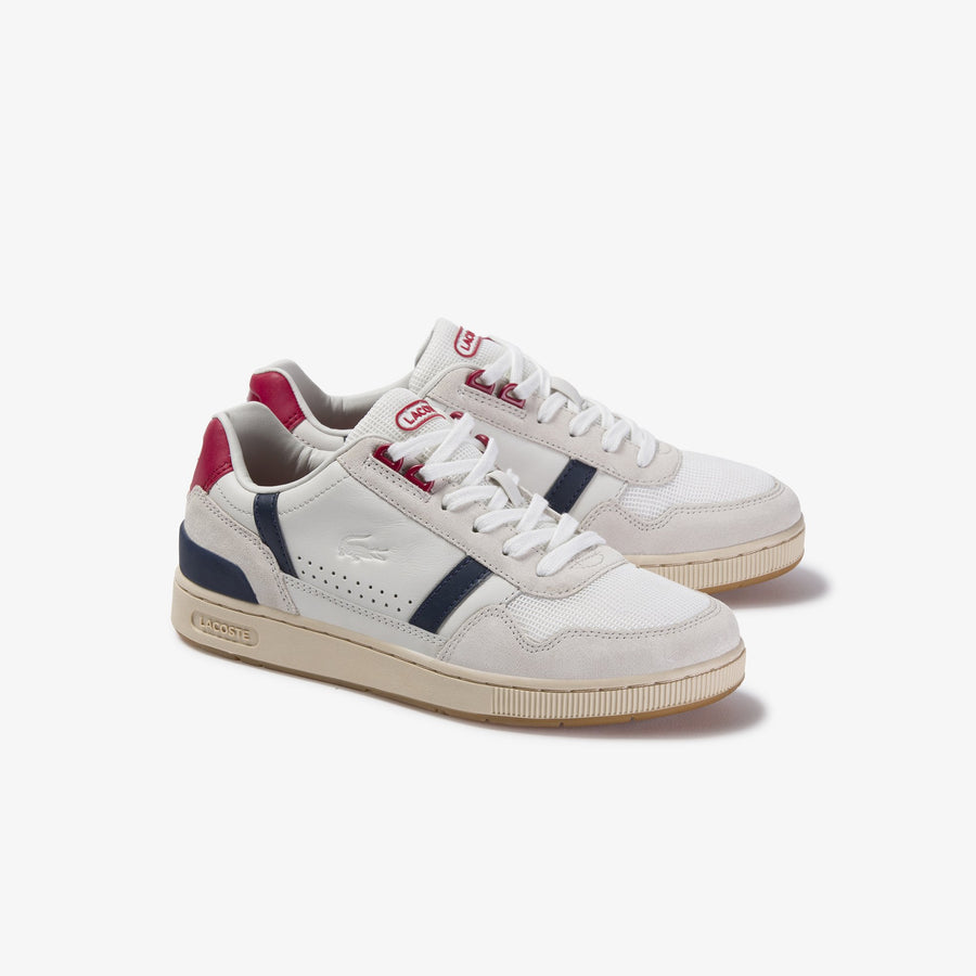 Women's T-Clip Leather and Suede Sneakers--Off White/Navy/Red