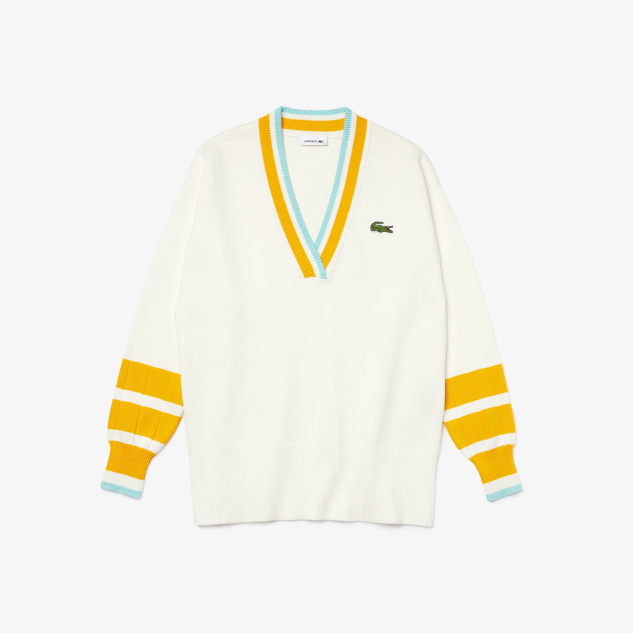 Women's Low V-Neck Contrast Bands Knit Sweater--Women's Low V-Neck Contrast Bands Knit Sweater