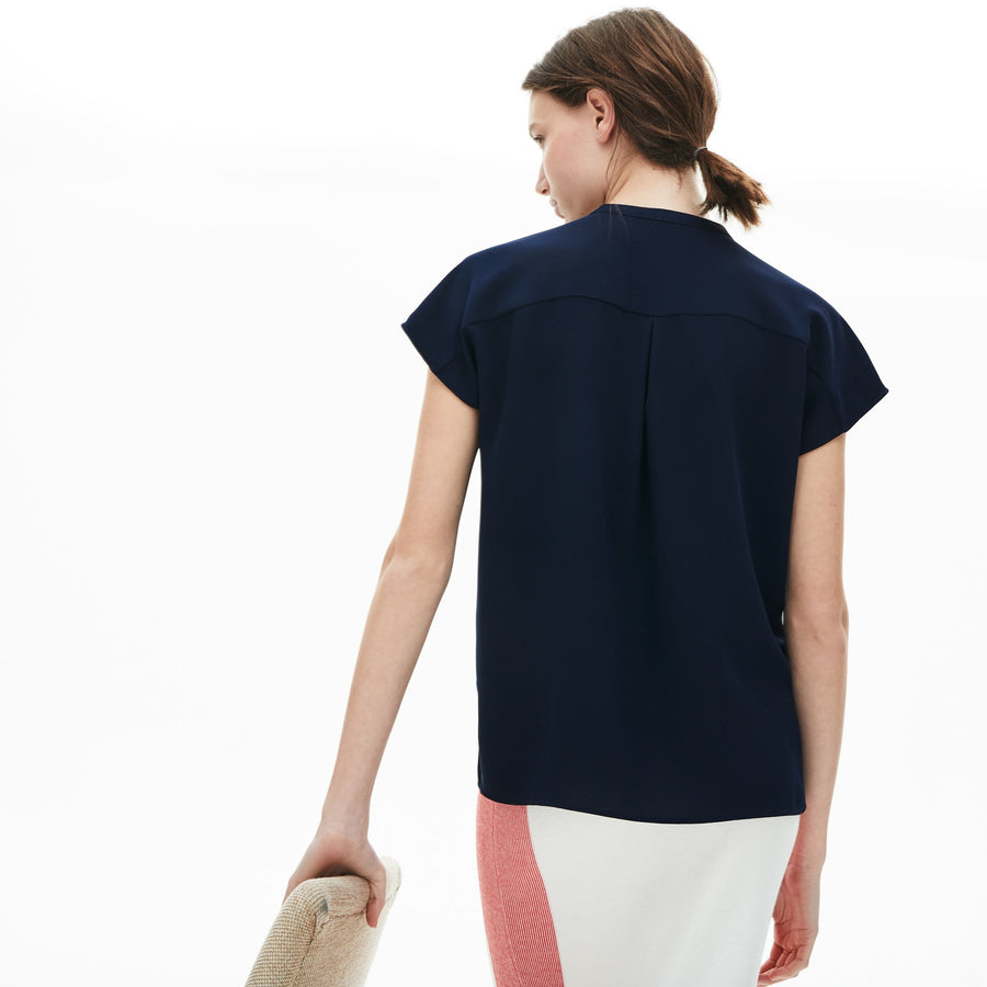 Women's Mao-Collar Sleeveless Wovenshirt--Navy Blue