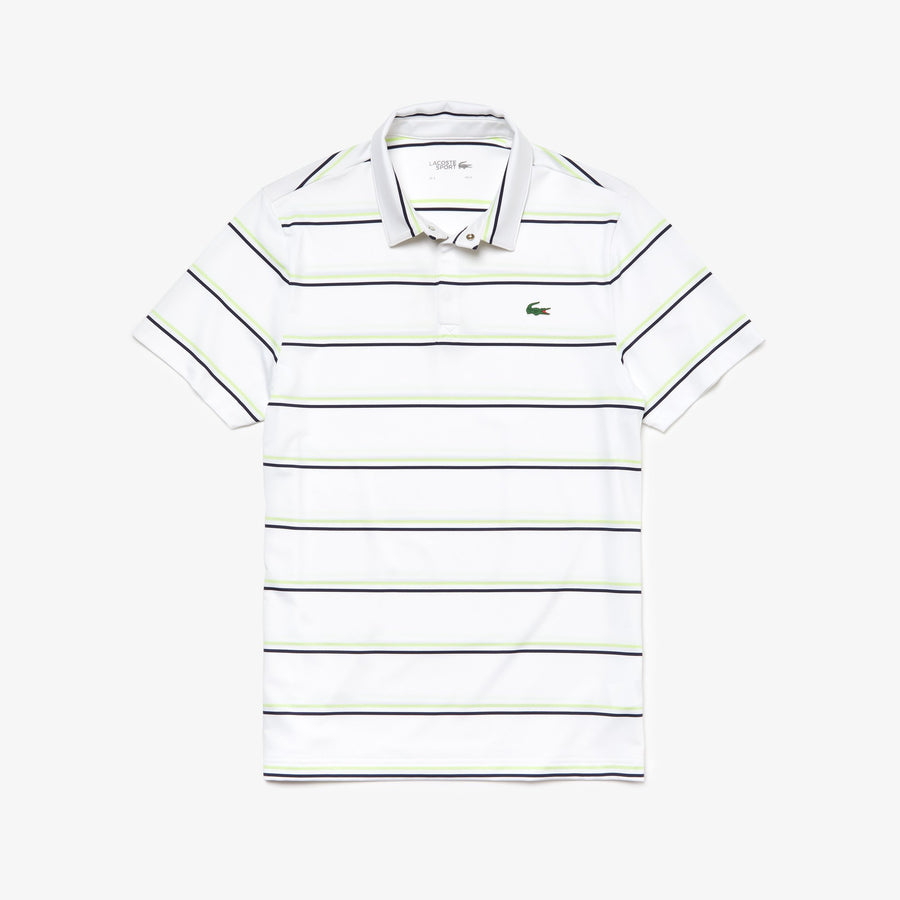 Men's Lacoste SPORT Striped Breathable Jersey Golf Polo Shirt--White/Navy Blue/Onagre