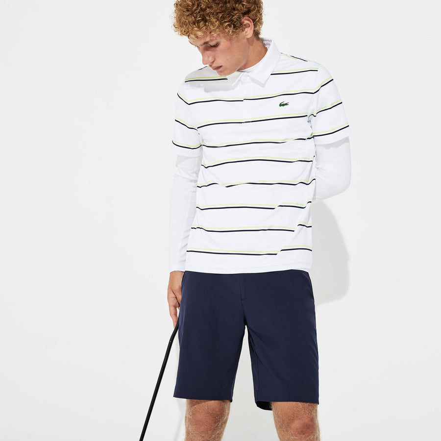 Men's Lacoste SPORT Striped Breathable Jersey Golf Polo Shirt--White/Navy Blue/Onagre