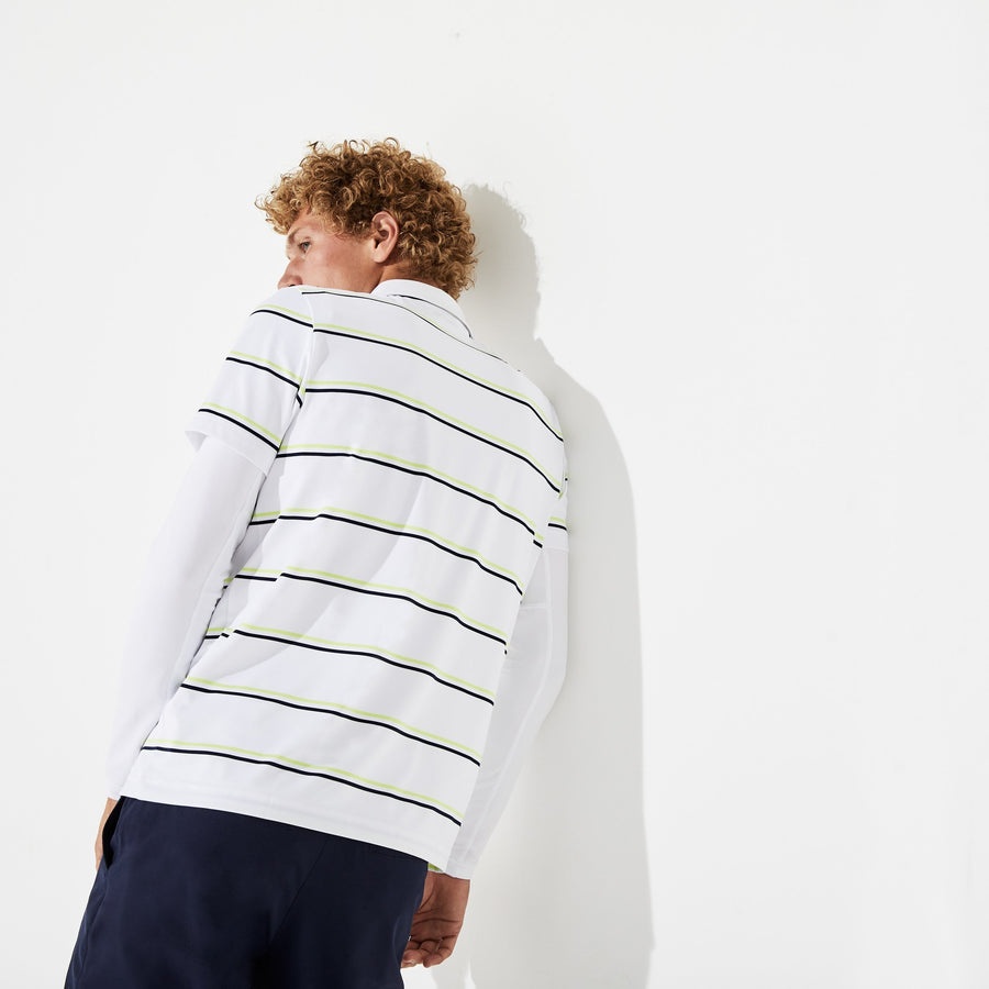 Men's Lacoste SPORT Striped Breathable Jersey Golf Polo Shirt--White/Navy Blue/Onagre
