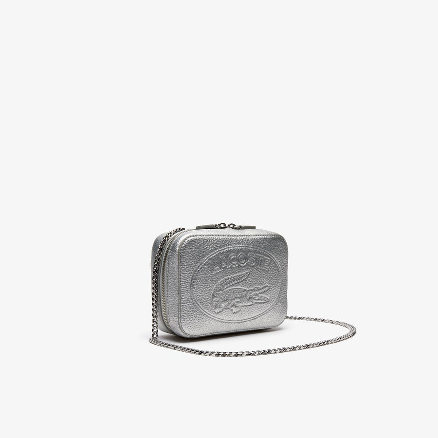 Women's Croco Crew Grained Leather Zip Shoulder Bag--Silver