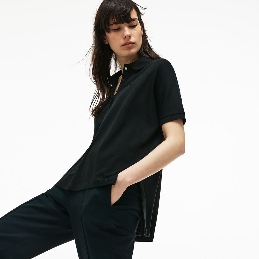 Women's Lacoste Boxy Fit Flowing Stretch Cotton Piqué Polo Shirt--Black