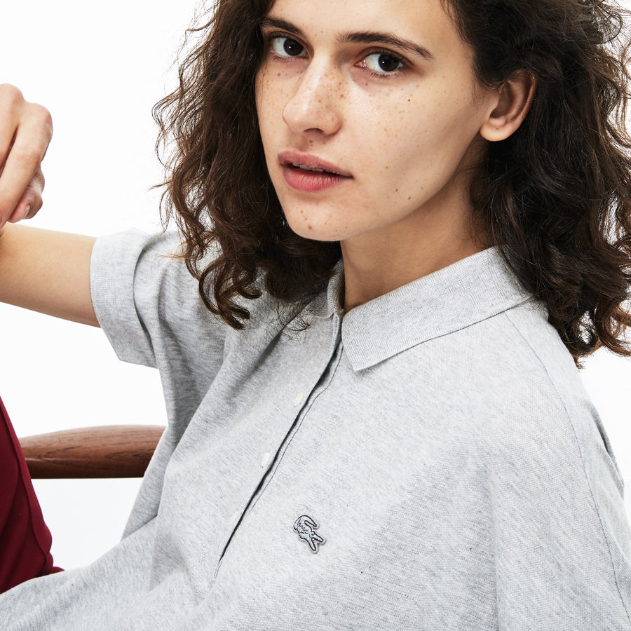 Women's Lacoste Boxy Fit Flowing Stretch Cotton Piqué Polo Shirt--Grey Chine
