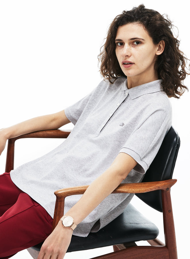 Women's Lacoste Boxy Fit Flowing Stretch Cotton Piqué Polo Shirt--Grey Chine