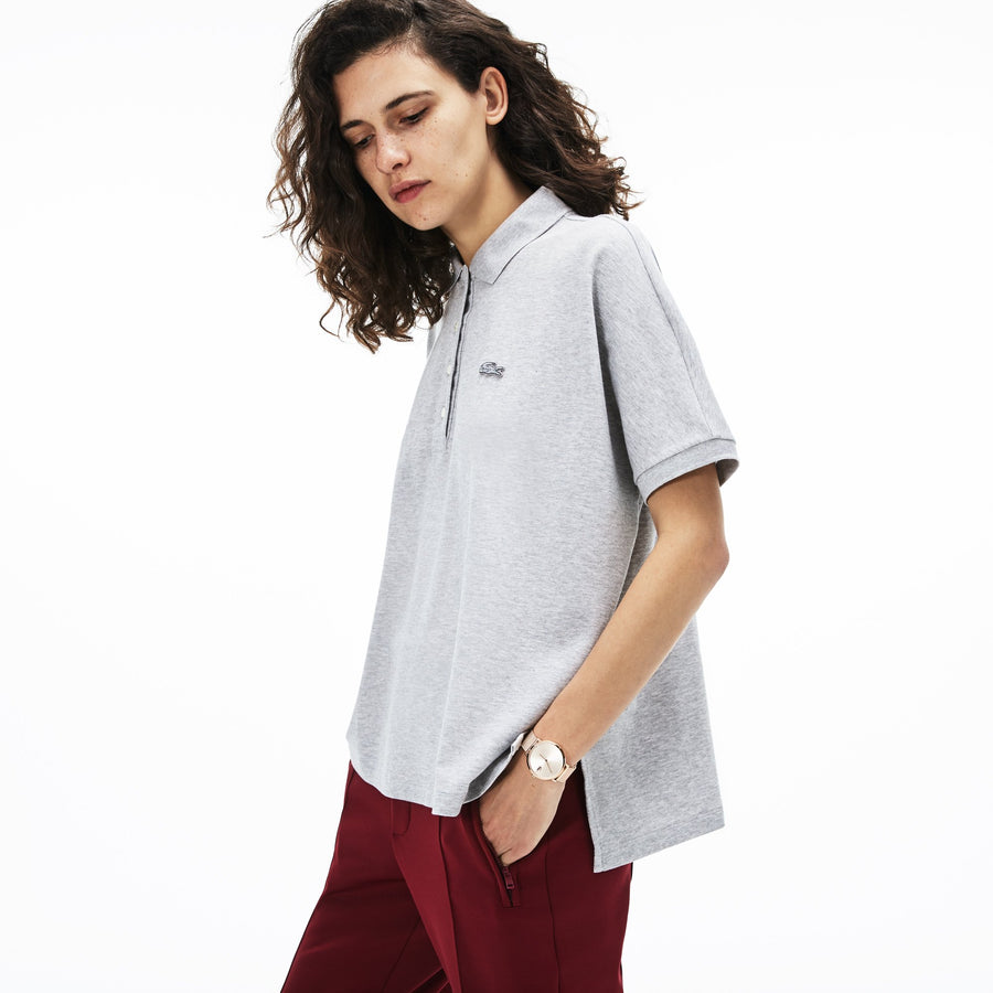 Women's Lacoste Boxy Fit Flowing Stretch Cotton Piqué Polo Shirt--Grey Chine