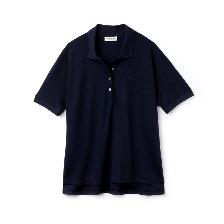 Women's Lacoste Boxy Fit Flowing Stretch Cotton Piqué Polo Shirt--Navy Blue