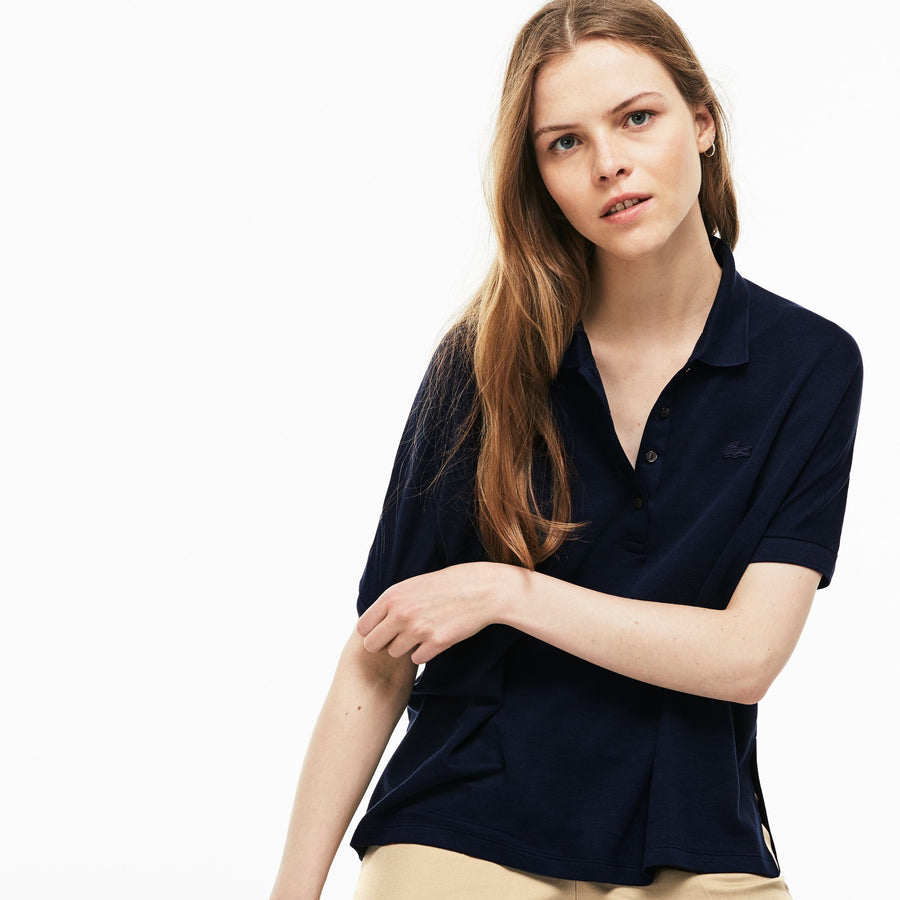 Women's Lacoste Boxy Fit Flowing Stretch Cotton Piqué Polo Shirt--Navy Blue