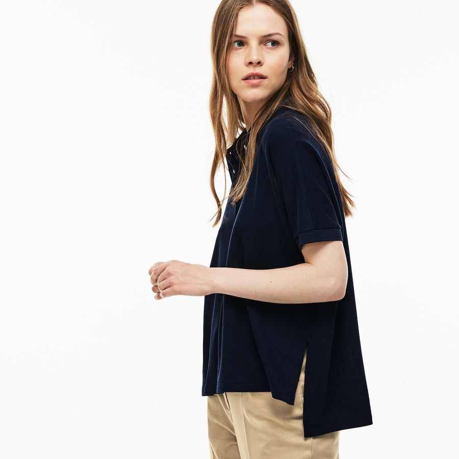 Women's Lacoste Boxy Fit Flowing Stretch Cotton Piqué Polo Shirt--Navy Blue