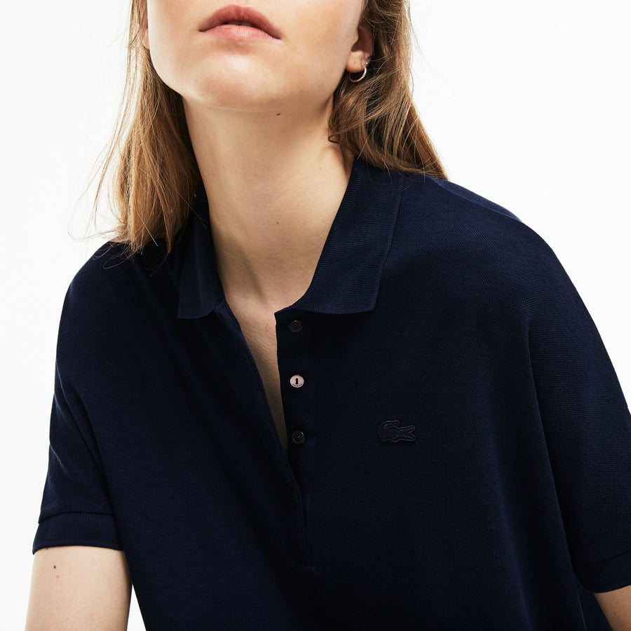 Women's Lacoste Boxy Fit Flowing Stretch Cotton Piqué Polo Shirt--Navy Blue