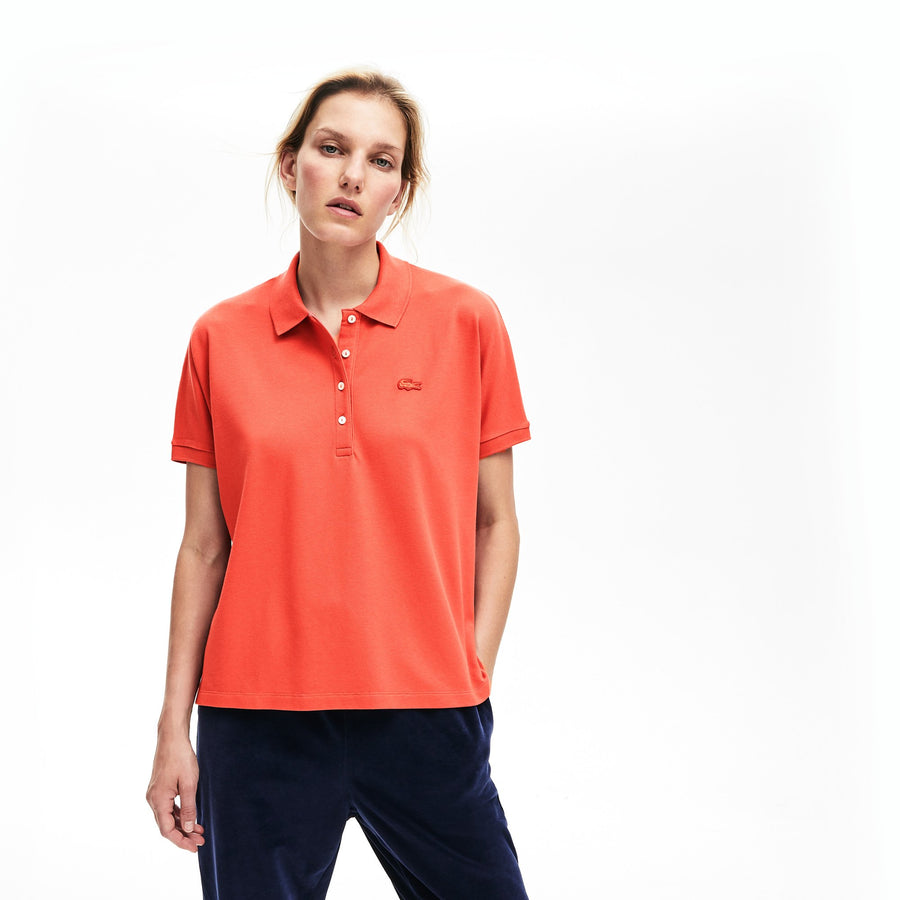 Women's Lacoste Boxy Fit Flowing Stretch Cotton Piqué Polo Shirt--Pink