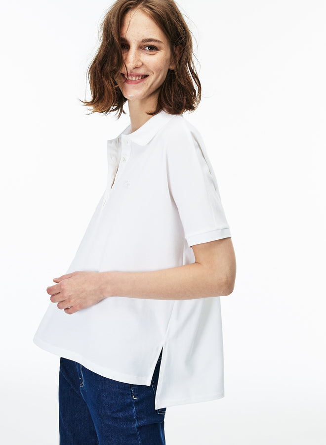 Women's Lacoste Boxy Fit Flowing Stretch Cotton Piqué Polo Shirt--White