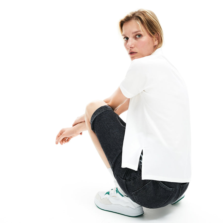 Women's Lacoste Boxy Fit Flowing Stretch Cotton Piqué Polo Shirt--White