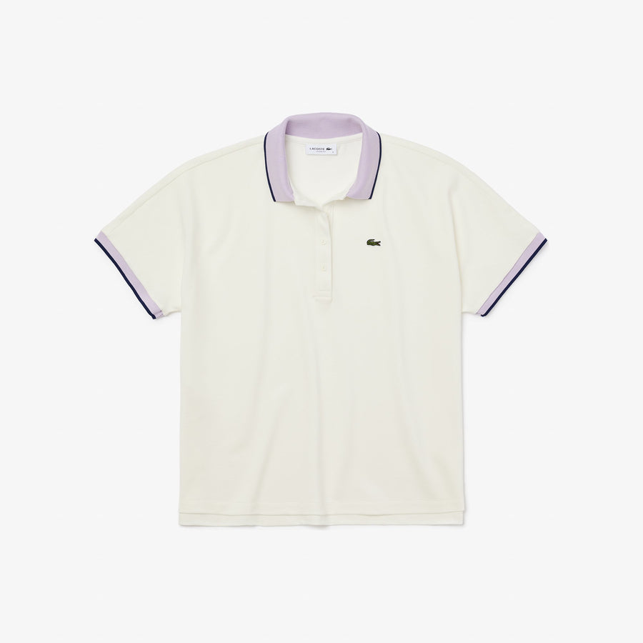 Women's Contrast Striped Ribbed Piqué Polo Shirt--Flour/Provence Purple/Methylene