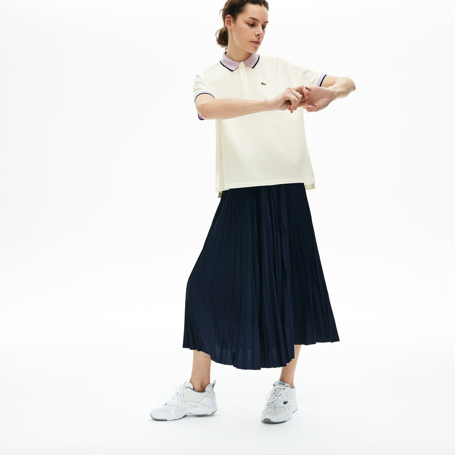 Women's Contrast Striped Ribbed Piqué Polo Shirt--Flour/Provence Purple/Methylene