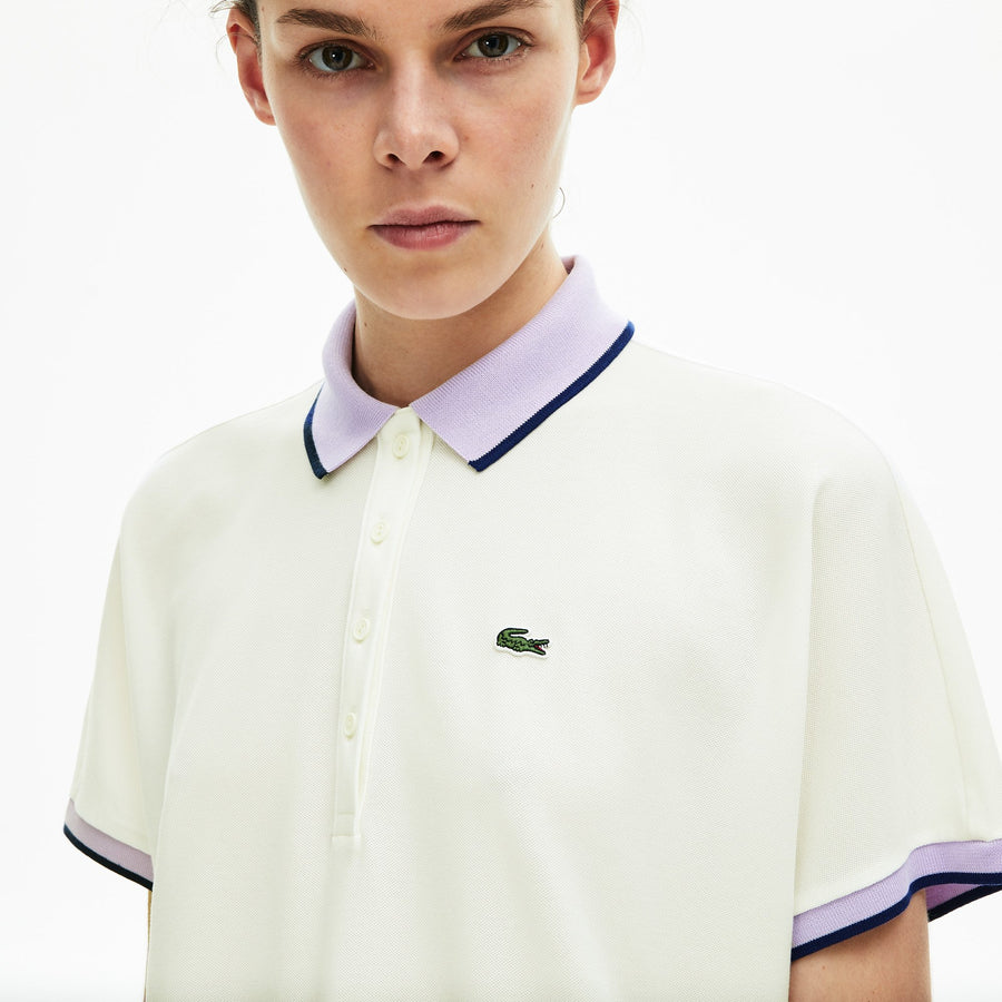 Women's Contrast Striped Ribbed Piqué Polo Shirt--Flour/Provence Purple/Methylene