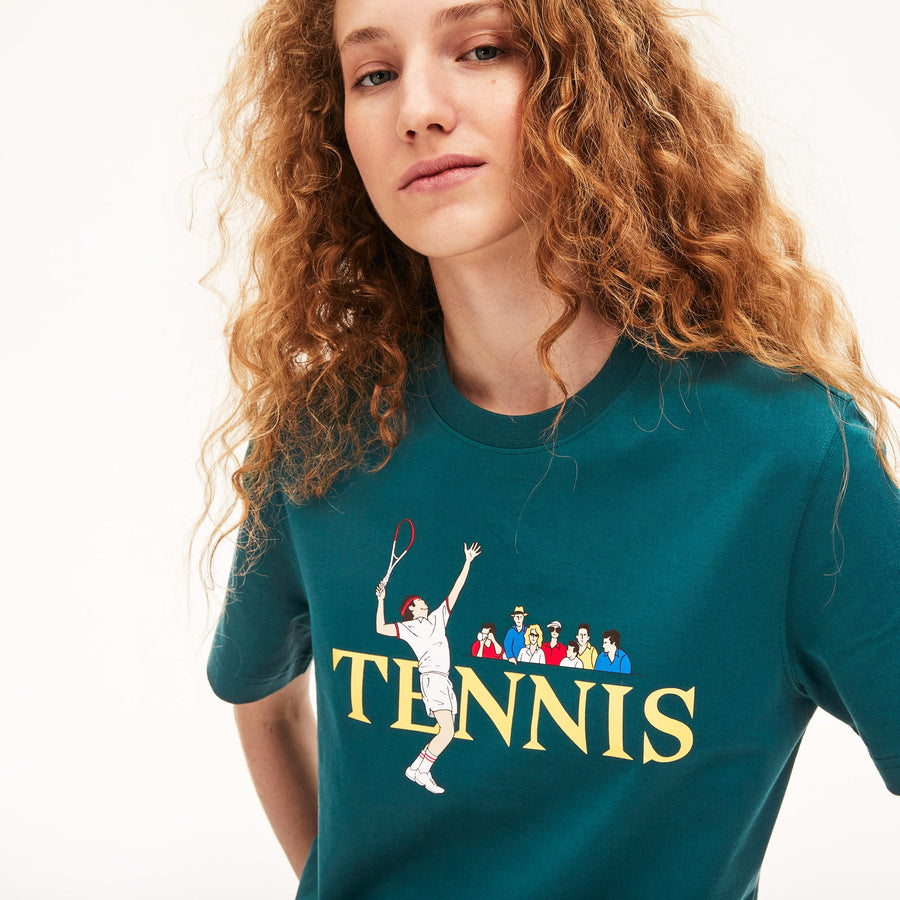 Unisex Lacoste LIVE Tennis Design Cotton Crew Neck T-Shirt--Green/White