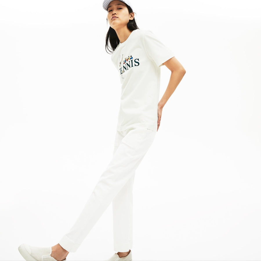Unisex Lacoste LIVE Tennis Design Cotton Crew Neck T-Shirt--White