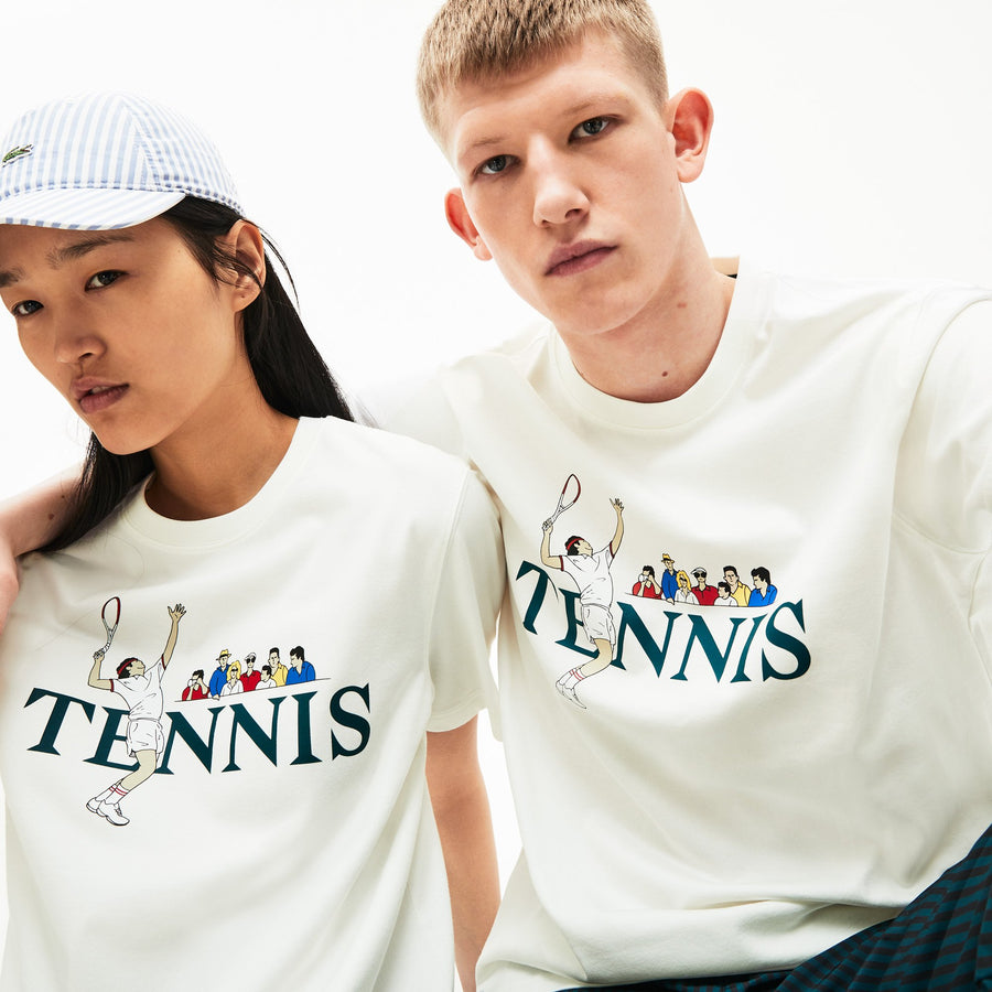 Unisex Lacoste LIVE Tennis Design Cotton Crew Neck T-Shirt--White